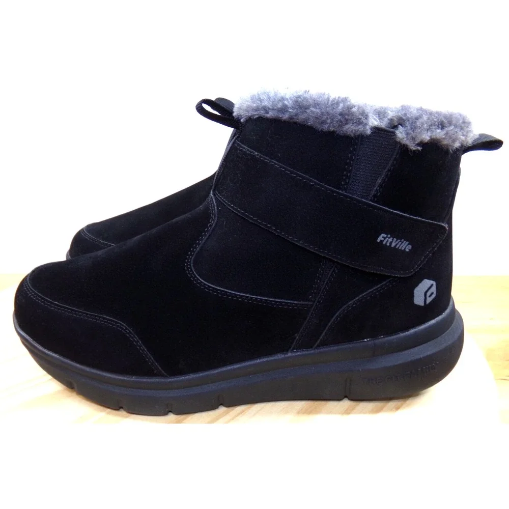 Fitville Marca Wide Fit Boots Mens Black Size 10 W Slip On Hook &‎ Loop Lined